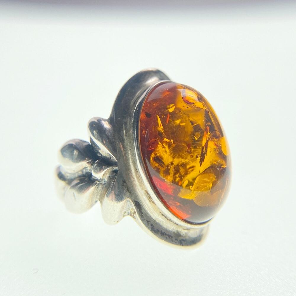 Valerio Polish Baltic Amber Ring 925 Sterling Silver Oval Cabochon Size 7
